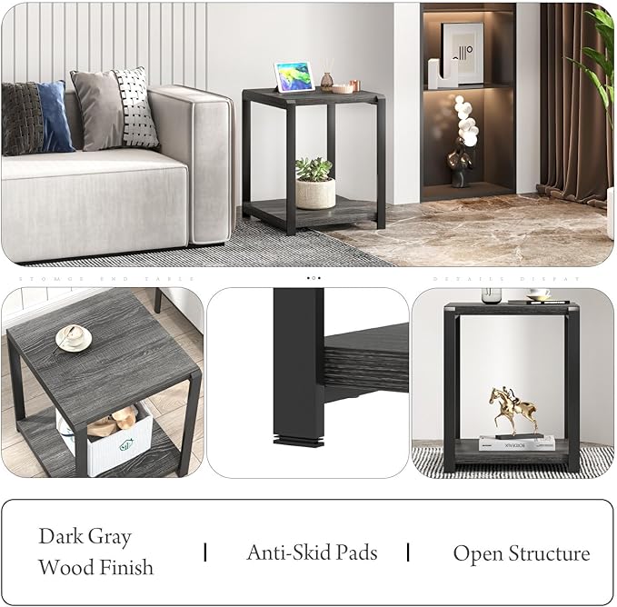 FOLUBAN Modern Side Table, Square End Table with Storage Shelf for Living Room, Rustic Industrial Wood Nightstand for Bedroom, Dark Gray