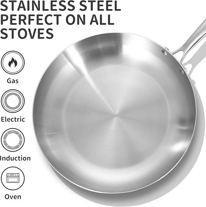 LOLYKITCH 8.5-10-12 Inch Tri-ply Stainless Steel Frying Pans Set of 3,Skillets,Induction Cookware Set,Oven and Dishwasher Safe,Riveted Handle