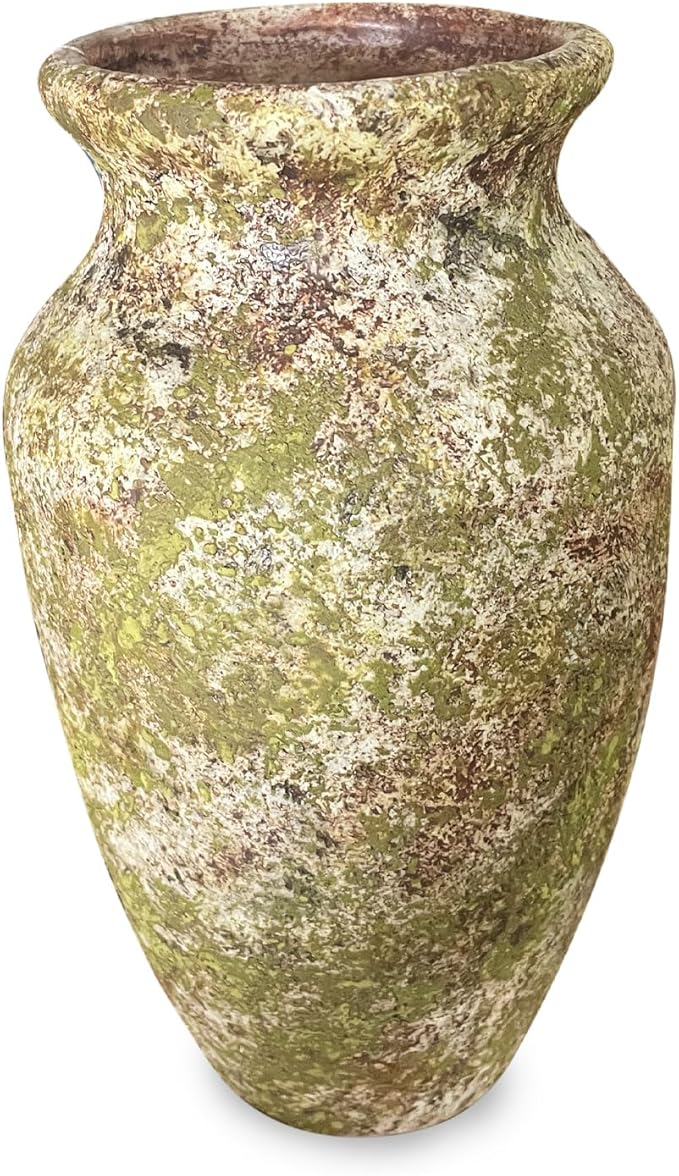roro Handmade Green Mossy Classical Asian Antiquity Matte Rustic Ceramic Stoneware Vase, 7.5 inch Tall
