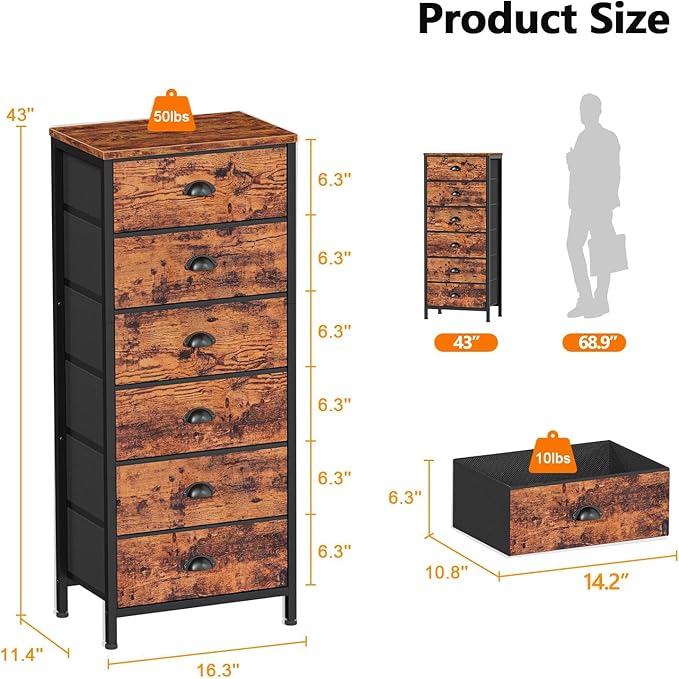 Furnulem Tall Dresser with 6 Drawers,Vertical End Table and Nightstand for Bedroom,Industrial Dorm Bedside Furniture with Fabric Storage Drawer Organizer in Living Room,Closet,Entryway(Rustic Brown)