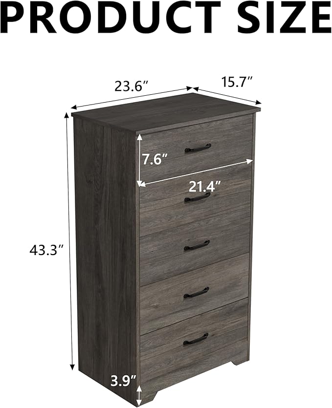 Farmhouse 5 Drawer Dresser, Small Wooden Chest of Drawers Classic White Dresser for Bedroom Living Room Entryway (Dark Gray, 5 Drawer)