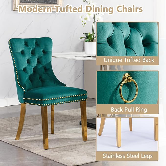 Goujxcy 3 Piece Round Glass Dining Table Set for 2, 36" Round Dining Table & Chair Set Modern Circle Glass Kitchen Table and 2 Velvet Upholstered Chairs for Kitchen Dining (Gold Table & Green Chair)