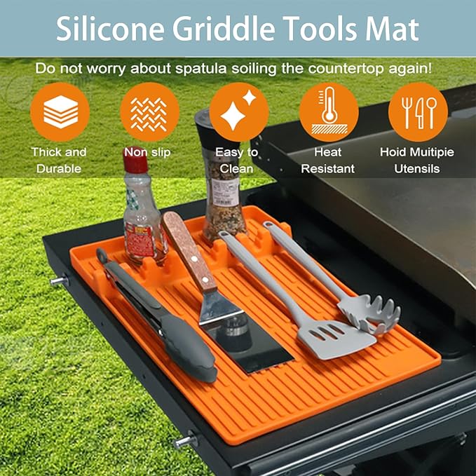 Silicone Griddle Tools Mat for Blackstone，Side Shelf Heat Resistant Spatula Mat，16x11.5 Inch Large Silicone Grill Pad with Drip Pad(Orange)