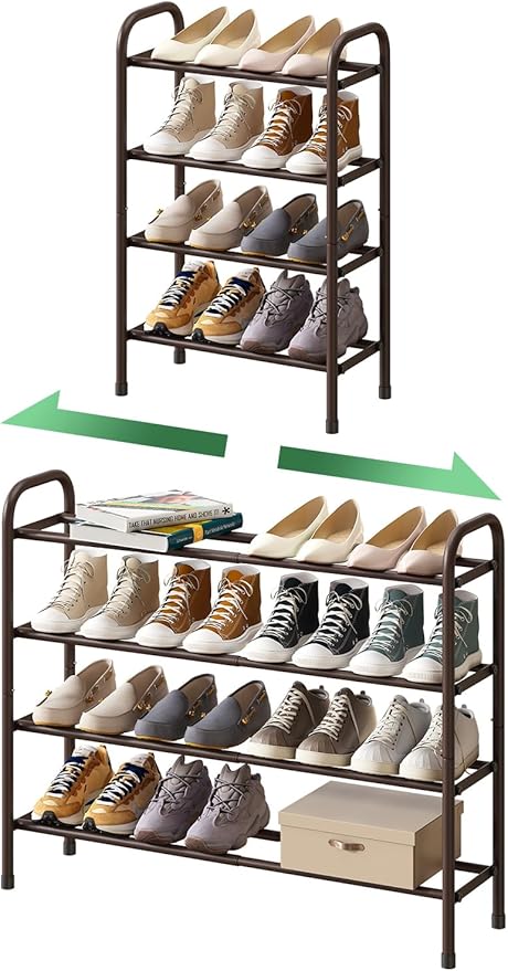 Metal Shoe Rack, Expandable Metal Shoe Rack for Closet, Entryway & Hallway (Brown, 4-Tier_Long)