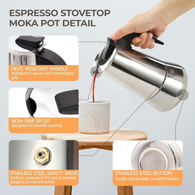 9 Cup 450ml Moka Pot Stainless Steel Espresso Coffee Maker Stovetop Percolator Coffeemaker Italian Classic Style Brewing Greca Cafe Mocha Machine for Cafeteras Lover Camping Travel and Home Use 15oz