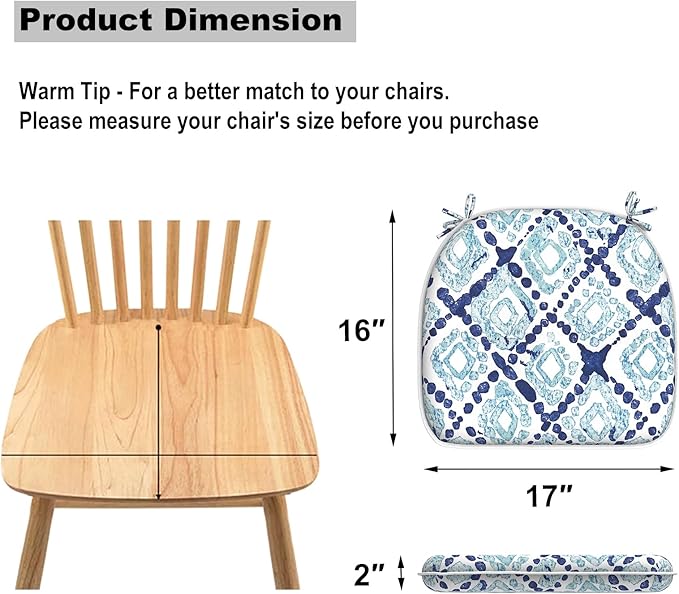 Set of 2 Outdoor Chair Cushions with Ties,Water Repellent Patio Chair Pads 17"x 16" for Outdoor Furniture,Round Corner Seat Cushions for Garden Yard Kitchen Boho Geometry Blue