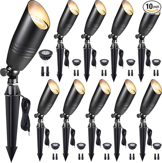 Low Voltage Spotlight LED - 12V Black Outdoor Light Fixture Weather Proof, Brass Landscape Lights Hardwired, Coastal for Flag Sign with Cool Light MR16 Removable Bulbs (10 Pack)