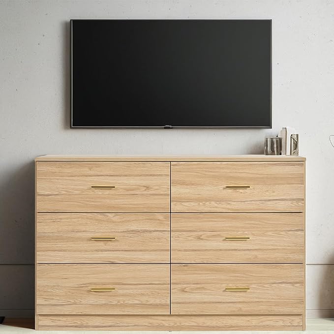 Dresser for Bedroom,Modern 6 Drawer Dresser with Deep Drawer and Gold Handle,Wood Chest of Drawer for Living Room,Hallway,Bedroom Storage Furniture