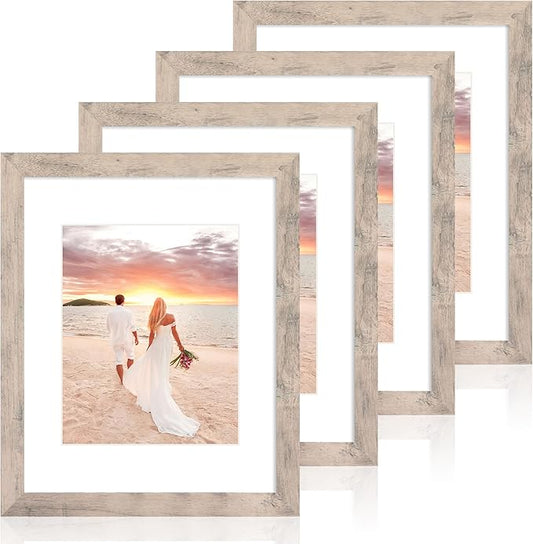 11x14 Picture Frame Set of 4 with Tempered Glass, Smoke Gray Frame Display 8x10 Pictures with Mat or 11 x 14 Without Mat, Wood Rustic Photo Frames for Horizontal or Vertical Wall Mounting