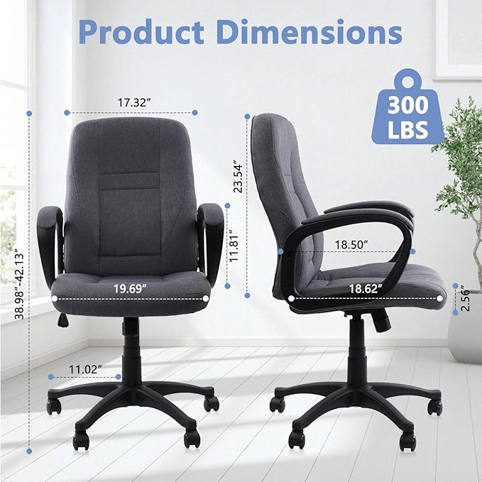 CLATINA Grey Fabric Office Chair Breathable Executive Desk Chairs, Cloth Comfortable Ergonomic Adjustable Height Mid Back Swivel Rolling Computer Task Chair for Home Office, Conference, Study, Work