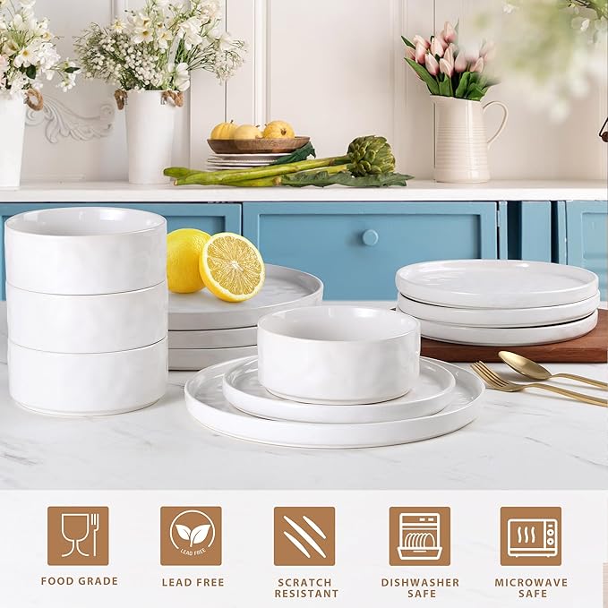 LIANYU Dinnerware Sets with Pasta Bowls for 4, 16 Piece Ceramic Dinner Plates and Bowls Dish Set, Kitchen Speckled Dining Tableware Dishware, Microwave & Dishwasher Safe, Polar White