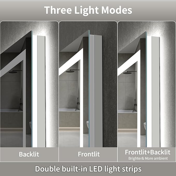 LED Mirror for Bathroom, 60x30 Inch Backlit + Front Lighted Bathroom Vanity Mirror with Lights for Wall, Double Light Strips, 3 Colors, Shatter-Proof, Anti-Fog and Brightness Memory