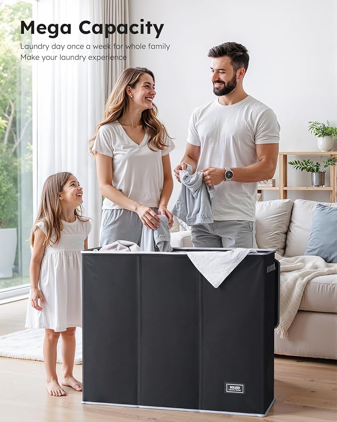 SOLEDI 160L Laundry Hamper 3 Section, Extra Large Laundry Hamper with Lid, Dirty Clothes Hamper with Sturdy Handle, Large Laundry Basket Organizer for Laundry Room, Bedroom, Hampers for Laundry
