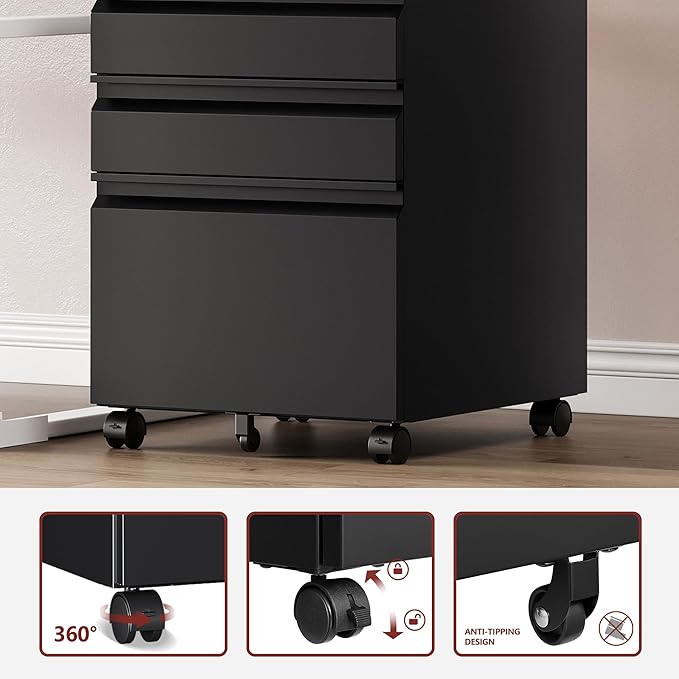 3 Drawer File Cabinet，Mobile Filing Cabinet with Lock and Wheels，Fully Assembled Metal Under Desk File Cabinets for A4/Letter/Legal Size（Black