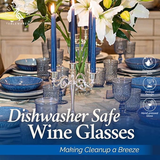 Yungala Blue Wine Glasses - Set of 6 Glass Goblets, 10oz - Dishwasher-Safe Handcrafted Stemmed Blue Vintage Glassware vintage wine glasses or water goblets or for those who love blue drinking glasses
