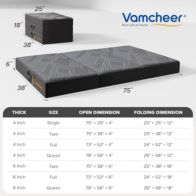 Vamcheer Tri Folding Mattress, 5 inch Twin Foldable Mattress, Tri-fold Memory Foam Mat with a Collapsible and Washable Cover, Handle & Non-Slip Bottom for Travel/Guest, 75"x38"x5", Grey