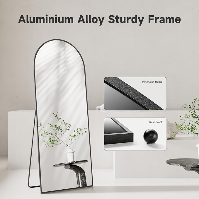Arched Full Length Mirror 71"x28", Black Tempered Glass Wall Hanging Mounted Body Length Mirrors with Stand, Large Floor Aluminum Alloy Thin Frame