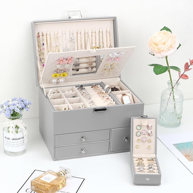 DesignSter Jewelry Organizer Box, 3 Layers Large Jewelry Box with Travel Jewelry Case and Removable Tray, Jewelry Storage Case with Mirror for Necklaces Earrings Rings Bracelets Watches (Gray)