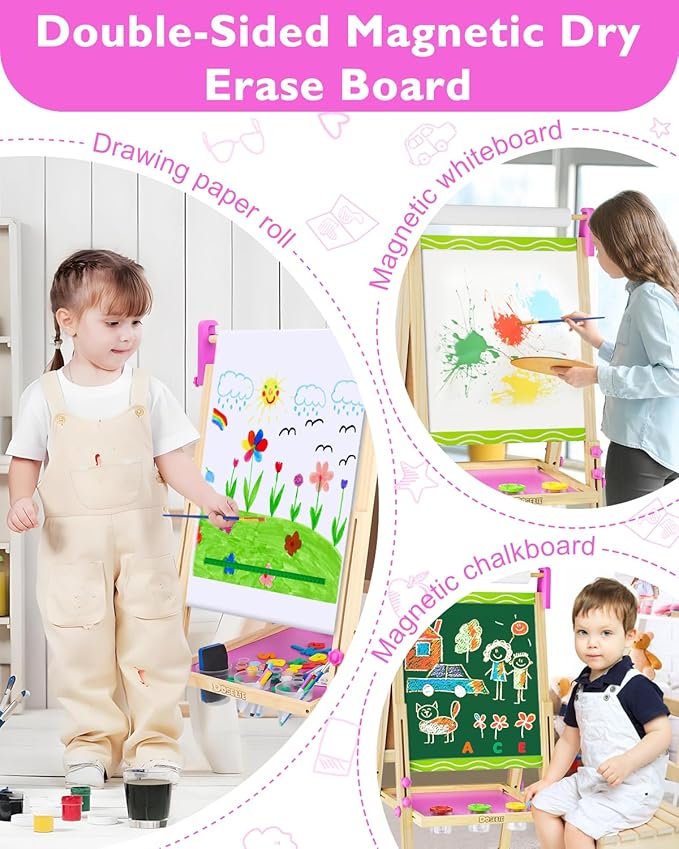 Easel for Kids,Toddler Art Easel Toys for Ages 2-4 5-7,Toys 2 3 4 5 6 7 8 9 Year Old Girl Gifts,Wooden Double-Sided Magnetic Dry Erase Whiteboard and Chalk Board with Paper Roll,Boy Girl Birthday Gift