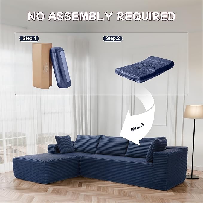 105" Cloud Sectional Couch with L-Shape Chaise,Modern Modular Sofa with Deep Seat, Fluffy Boneless Couches for Living Room Bedroom,No Assembly Required, Dark Blue (Plush Flannel Fabric)