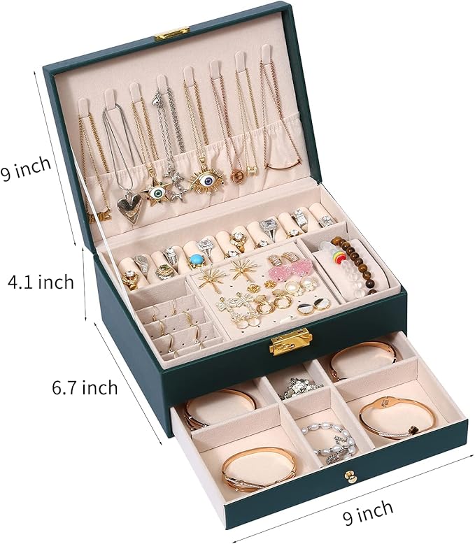 Jewelry Box for Women Girl Wife - Large PU Leather Jewelry Organizer Storage Case with Two Layers Display for Earrings Bracelets Rings Watches (Green)