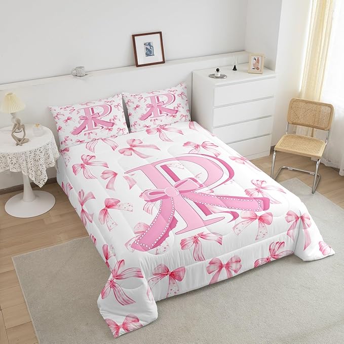 jejeloiu Kids Girls Cute Pink Bow Comforter Set Queen Size Monogrammed Bedding Set Ultra Soft Personalized Initial P Duvet Quilt Coquette Bow Knot Quilt Set Room Decor Modern Fashion Comforter