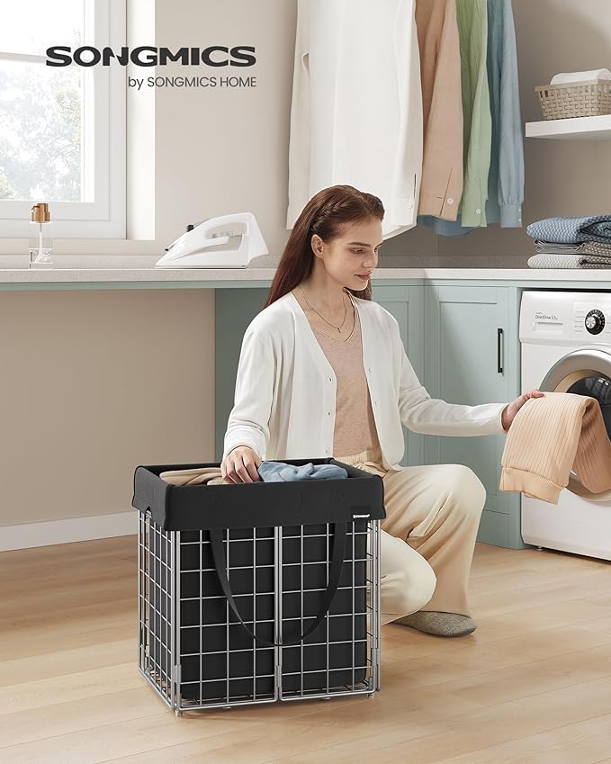 SONGMICS Laundry Hamper, 11 Gal. (50L) Laundry Basket, Collapsible Clothes Hamper, Removable and Washable Liner, Metal Wire Frame, for Bedroom Bathroom, Silver and Classic Black ULCB150B01