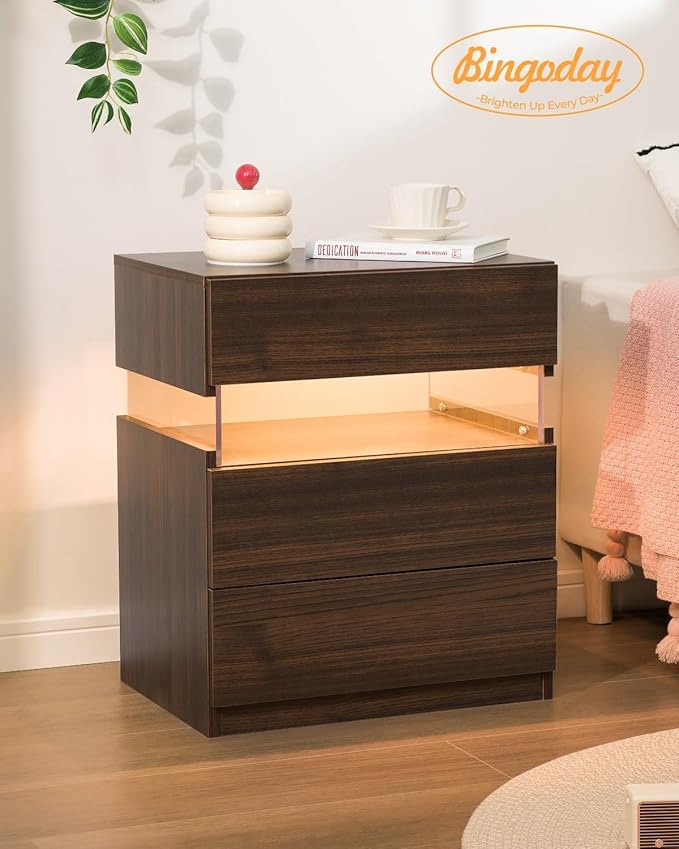 Bingoday LED Nightstand Wood LED Bedside Tables LED Night Stand with 3 Drawers End Side Tables for Bedroom Living Room