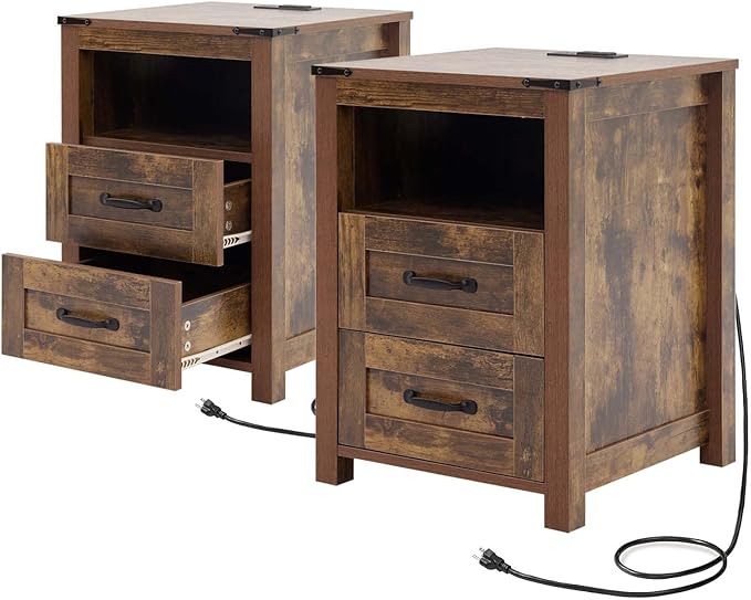 Farmhouse Nightstand Set of 2 with Charging Station & Drawers, Brown Wood Bedside Table, End Table with 2 Storage Drawers & USB Ports for Bedroom, Dorm, Brown