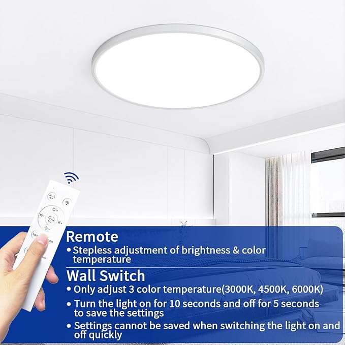 Modern 20'' Led Ceiling Light Fixture, Ultra Thin Flush Mount, Dimmable with Remote Control, 48W, 4800Lumen, Silver, Round, for Bedroom, Living Room, Kitchen, Dining Room, Home Office