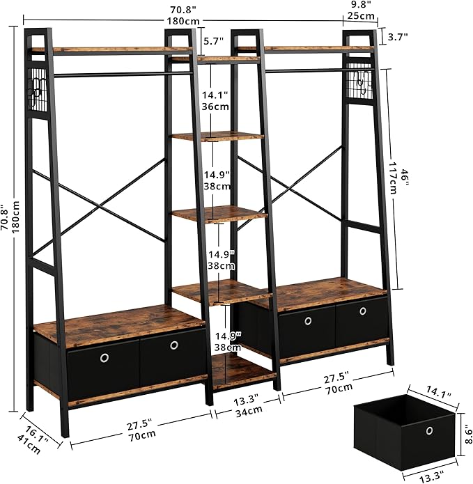 IRONCK Garment Rack and Storage Shelves, Heavy Duty Closet Rack with Hanging Rods,4 Drawers, T Shaped Coat Rack Closet Organizer, Vintage Brown