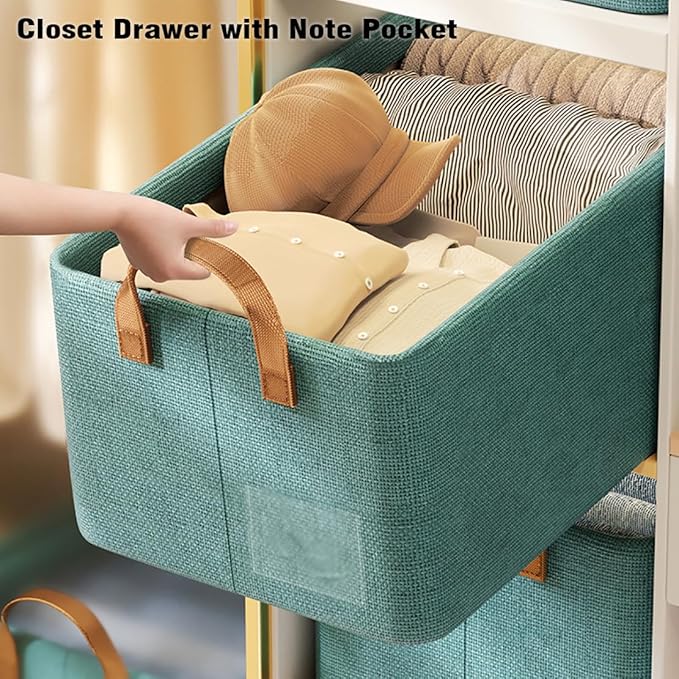 AARAINBOW 4 Pcs Closet Clothes Organizer with Handle, Fabric storage Box with Steel Frame Stackable Shelf Storage Baskets Foldable Storage Baskets for Organizing clothes Toys, 23L (4 Green)