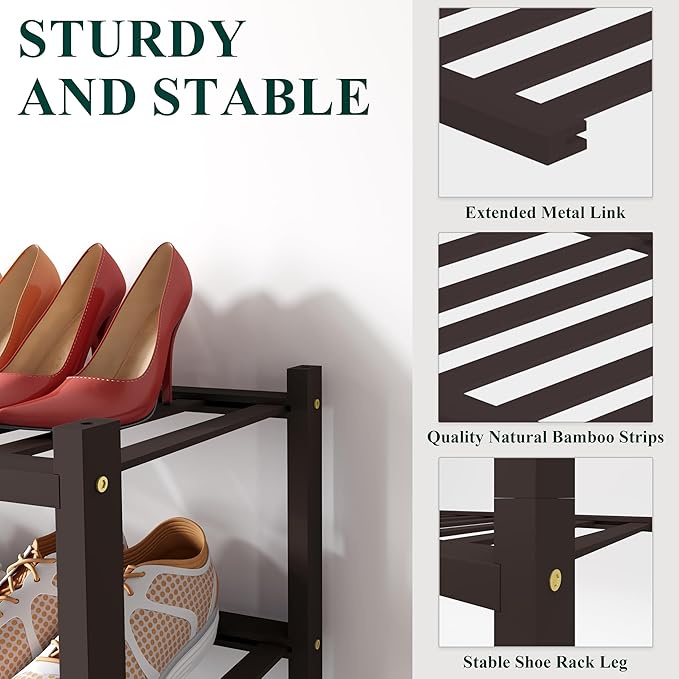 Smiry Bamboo Shoe Rack for Closet, 3 Tier Long Wooden Stackable Shoe Organizer, Free Standing Shoes Storage Shelf for Entryway, Front Door Entrance, Brown