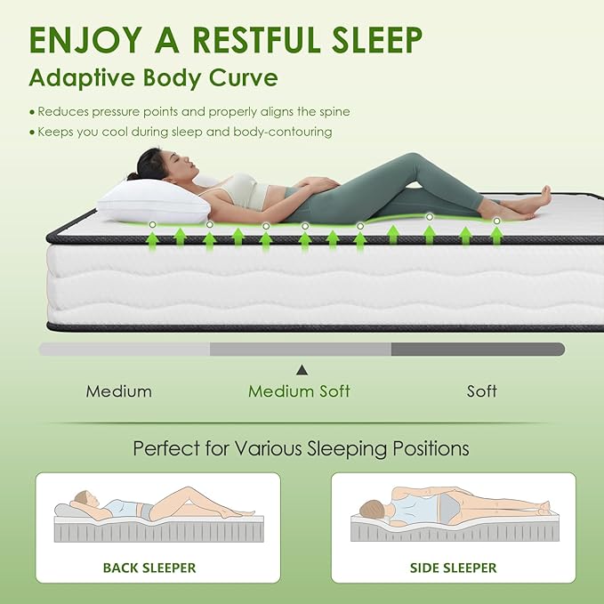PayLessHere 8 Inch Mattress Medium Firm Spring Cool Sleep Pressure Relief Queen Size in a Box Fiberglass Free CertiPUR-US Certified Breathable Foams Mattress