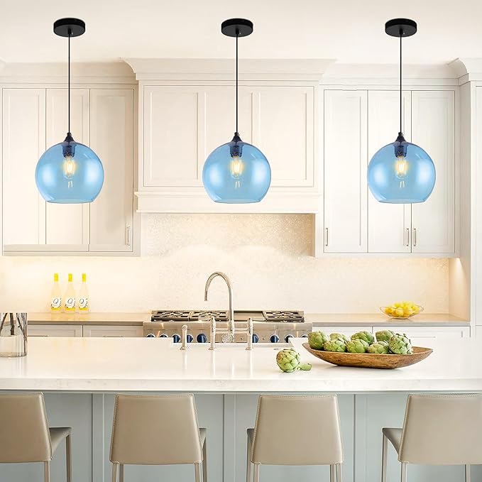 Blue Pendant Lights Kitchen Island Lighting Modern Globe Hand Blown Glass Pendant Light Ceiling Hanging Light fixtures for Kitchen Island Living Dining Room Light Fixture，9.8in 2Pack