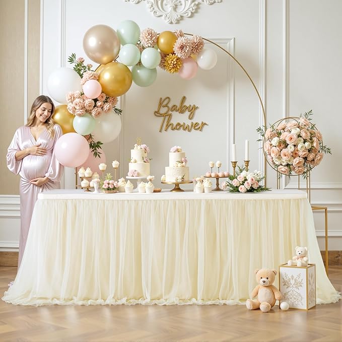 Suppromo 9ft Champagne Tulle Table Skirts for Rectangle Tables or Round Tables Champagne Tutu Table Cloth Cover for Wedding Birthday Party Baby Shower Dessert Cake Table Decor