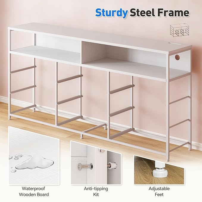 55” W White Dresser for Bedroom with Charging Station & LED, 65" TV Stand for Bedroom with 9 Fabric Drawers, Sturdy Chest of Drawers with Open Storage Shelves for Closet, 55.12" Wx11.81 Dx35.43 H