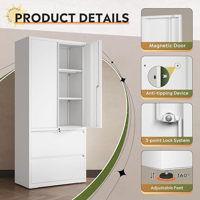 DEVAISE Metal Storage Cabinets for Home Office, 2 Drawers Lateral File Cabinets and Doors, 71" Filing Cabinet with Lock and Adjustable Shelves, White