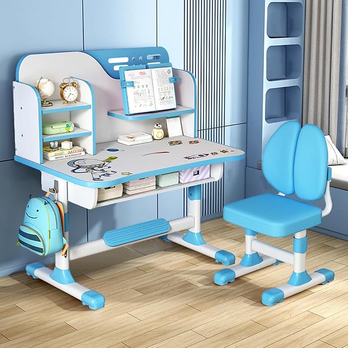 Kids Desk and Chair Set, Height Adjustable Child's School Study Writing Tables, Kids Desk with Bookstand and Storage Drawer, Widened Desktop with Desktop for Boys and Girls Blue