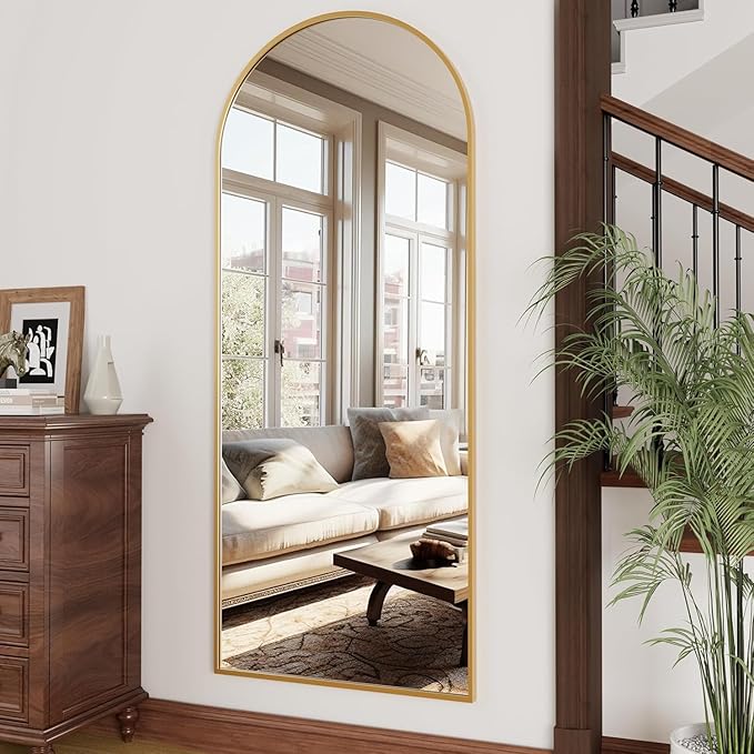 OGCAU Full Length Mirror, 70"x26" Arched Full Body Floor Mirror with Stand, Hanging or Leaning, Standing, Wall Mounted with Aluminum Frame for Bedroom Living Room (Gold)