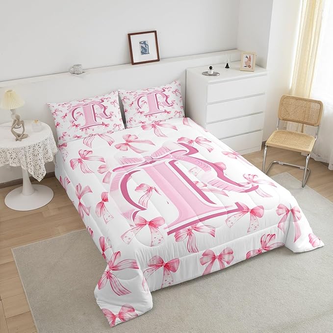 jejeloiu Kids Girls Cute Pink Bow Comforter Set Queen Size Monogrammed Bedding Set Ultra Soft Personalized Initial I Duvet Quilt Coquette Bow Knot Quilt Set Room Decor Modern Fashion Comforter