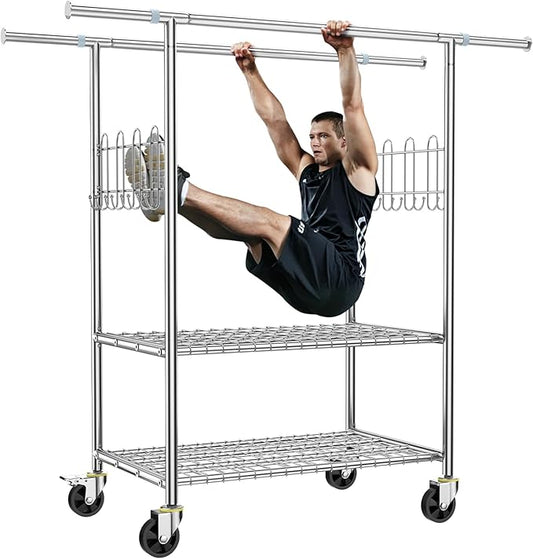 100% Stainless Steel Heavy Duty Clothes Rack, Load 960LBS, Double Rod, Extendable Rolling Garment Rack with Shelves, Modern Style, Recommended for Clothes & Accessories