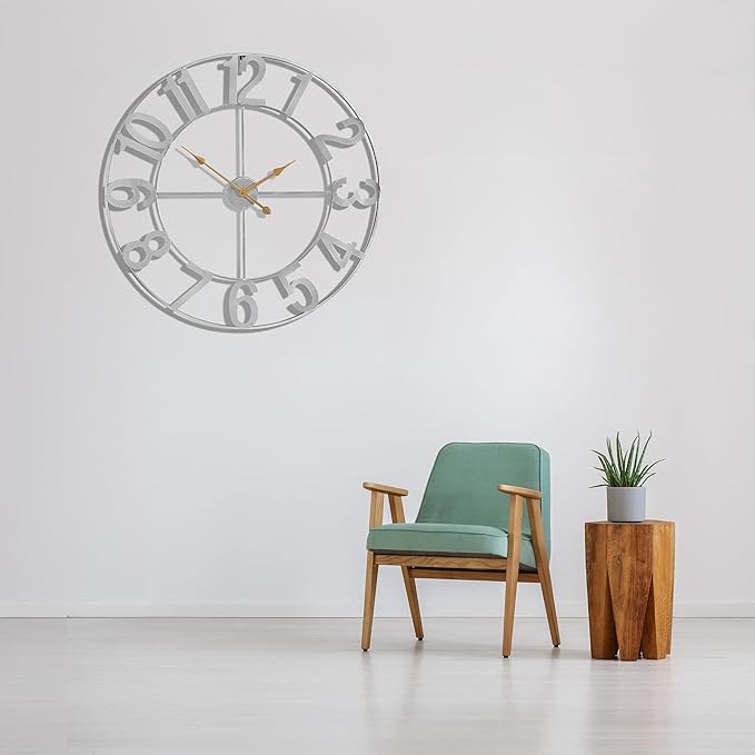 Sorbus 32-Inch Large Wall Clock – Decorative Silver Metal Clock with Gold Hands – Silent, Battery Operated, Modern Wall Decor for Living Room, Kitchen, or Office, Great Gift for Housewarming or Office