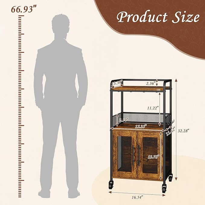 Coffee Cart, 3 Tier Coffee Cabinet with Storage, Small Coffee Station with 2 Doors, Movable Bar Cart with 4 Casters for Home Kitchen, Dining Room, Living Room (Rustic Brown) (Small)