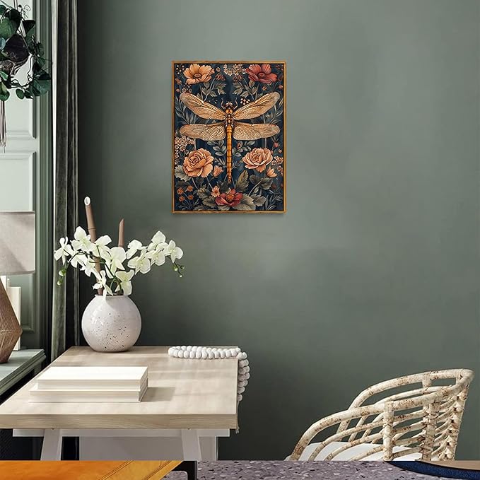 Djmwtb Vintage Framed Wall Art Flower Dragonfly Canvas Wall Art Nature Art Prints Botanical Painting Pictures Wall Decor Artwork for Bedroom Living Room 8x10in