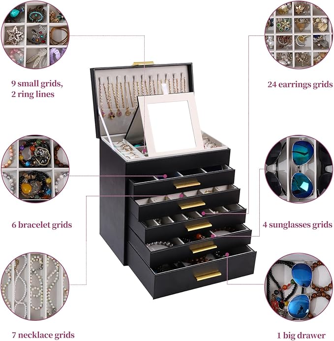 BOOVO Jewelry Box with Necklace Hanger – Jewelry Organizer for Women with 5 Drawers, Large Jewelry Storage Boxes –Jewelry Organizers and Storage for Earrings, Necklaces (Black, 6 layer)