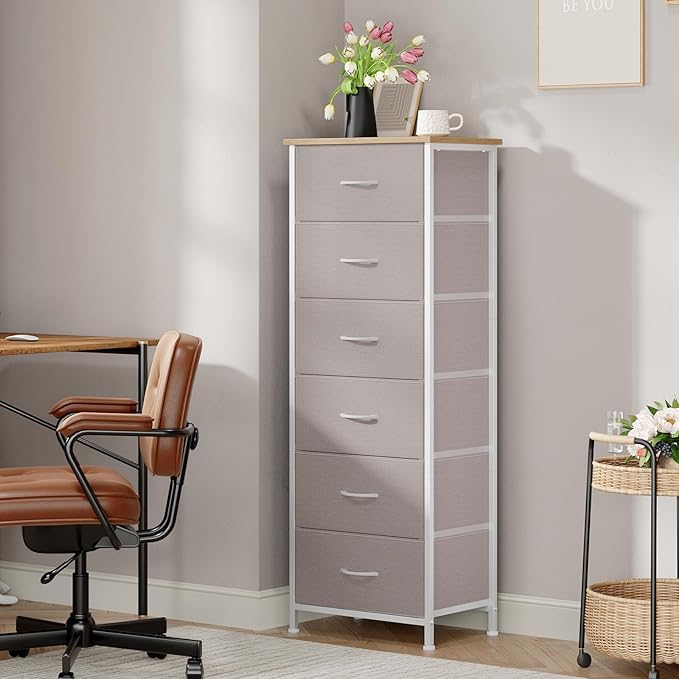 Somdot Tall Dresser for Bedroom with 6 Drawers and Side Pockets, Storage Organizer Chest of Drawers with Fabric Bins for Closet Bedside Nursery Living Room Entryway Hallway, Ash Grey