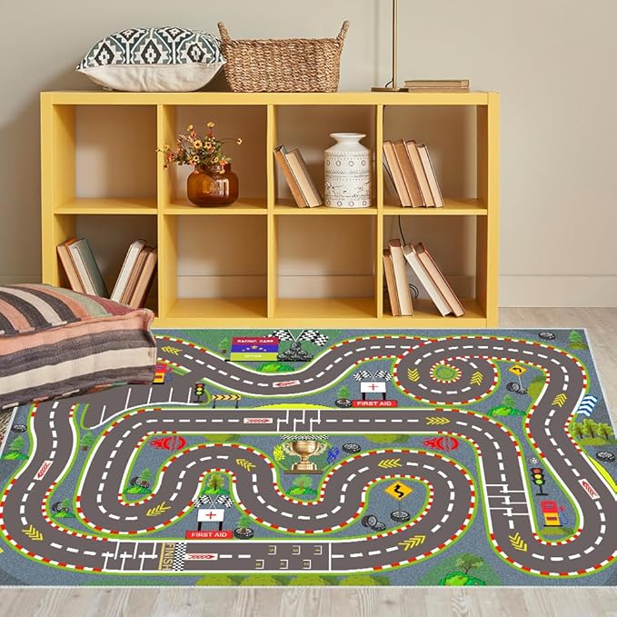 Kids Rug, Race Track Playmat Rugs 94×63 in Kids Carpet with Rubber Backing, Start and Finish line Racing Track Marking Car Road Race 3D Play Mat Nursery Rugs for Children Bedroom Playroom