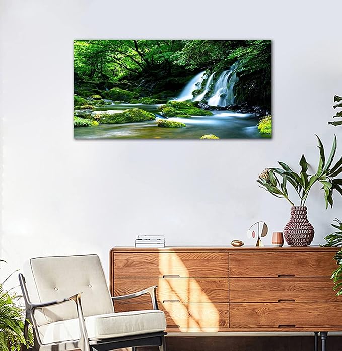 Waterfall Wall Art Large Living Room Decorations Landscape Canvas Art Nature Pictures Artwork Contemporary Wall Decor Green Trees Rivers Spring Tropic Forest for Kitchen Office Home Ready to Hang 20" x 40"
