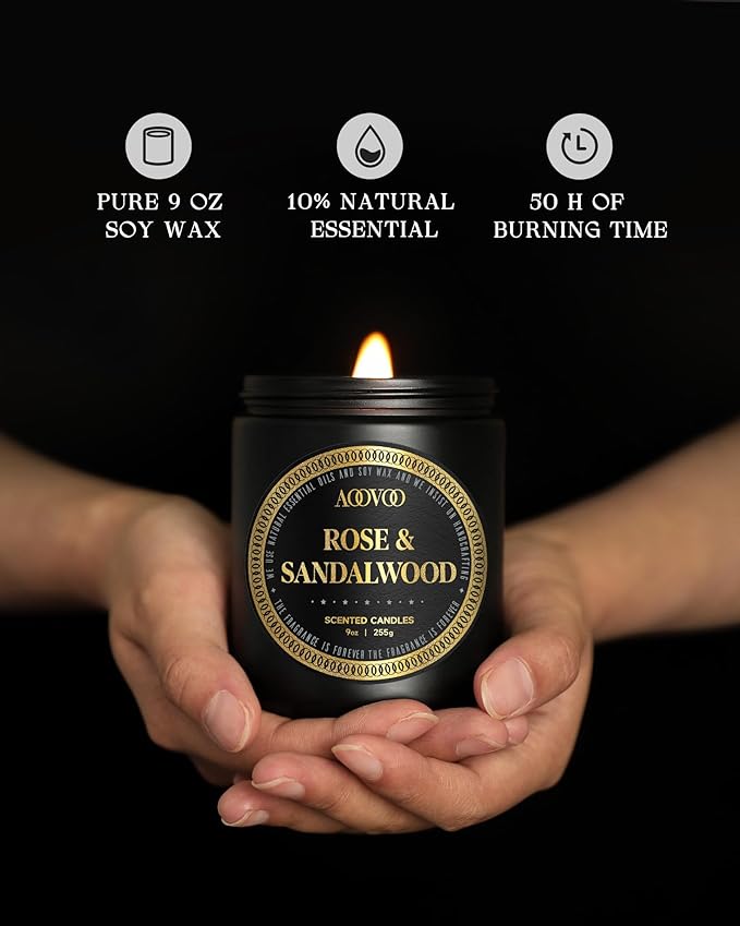 AOOVOO Scented Candles for Men - Rose & Sandalwood Candles for Home Scented | Crackling Wood Wick Soy Candle | Strong Fragranced Masculine Black Candle Gift for Women & Men, 9oz